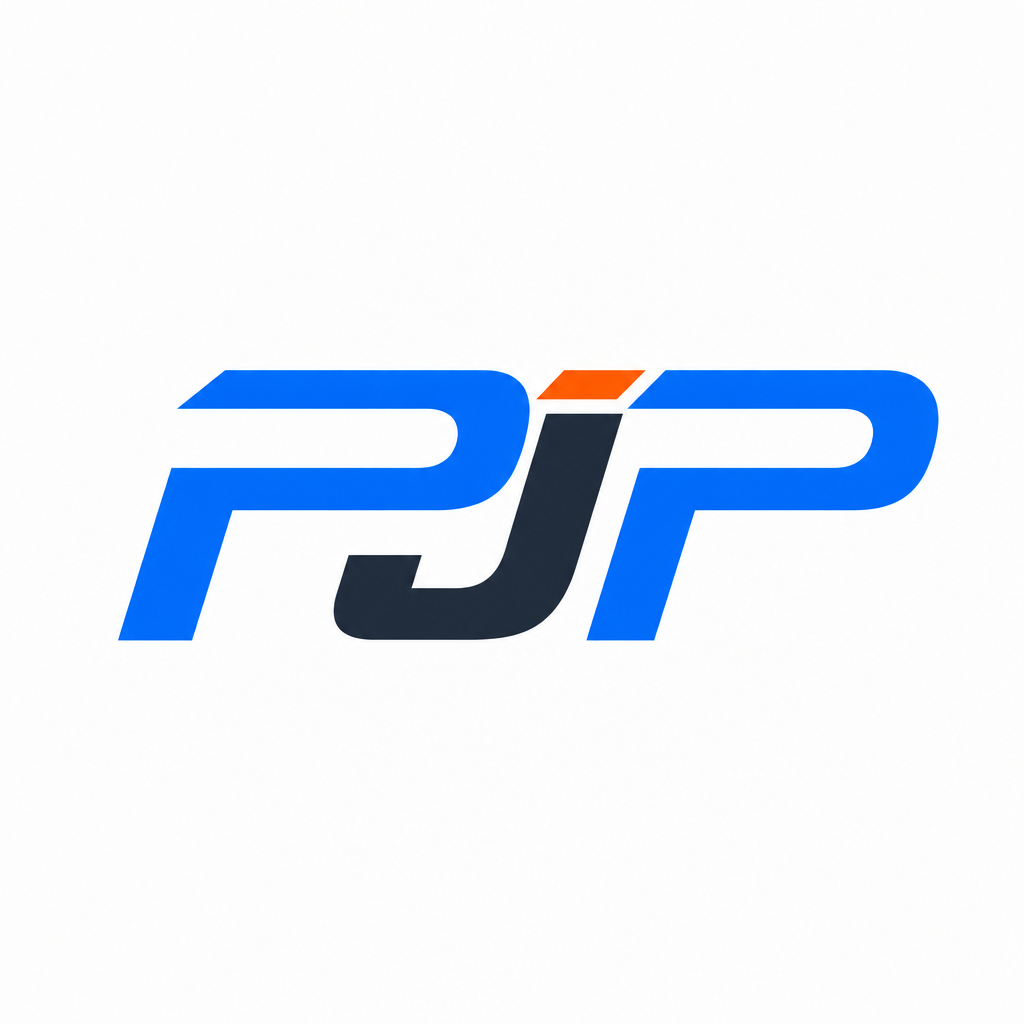 Logo PJP source en bleu et anthracite avec un petit accent orange